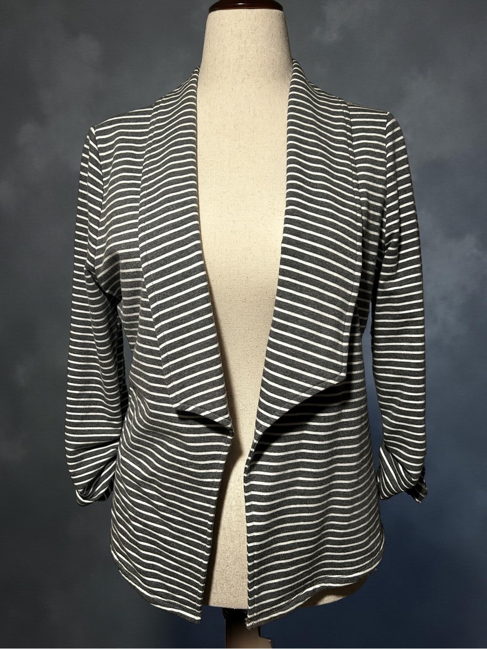Striped Gray & White Open-Front Women's Jacket
